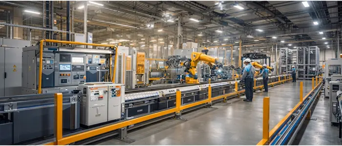 Linha de produção de industria brasileira com proteções amarelas e cercamento de segurança em máquinas (NR-12)