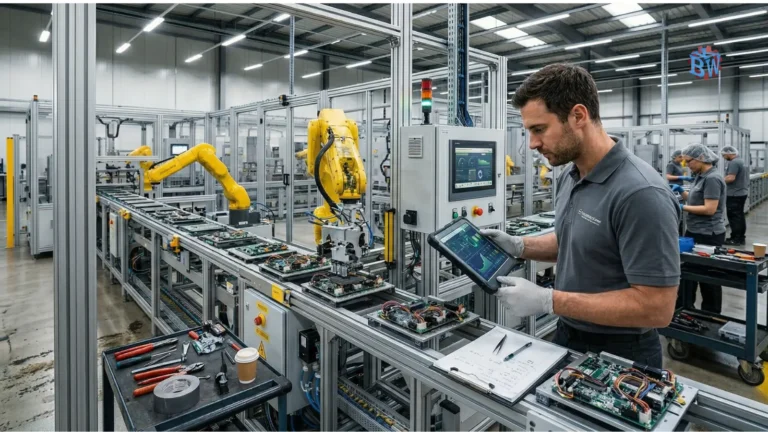 Linha de produção automatizada em ambiente industrial com robôs, sensores e sistemas de controle na automação industrial