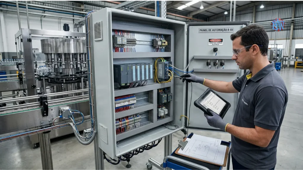 Automação Industrial: Como Aumentar Produtividade com Segurança 2 CLP instalado em painel elétrico industrial com módulos de automação e cabeamento organizado em sistema de automação industrial