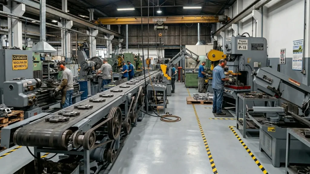 Fabrica metal-mecanica em Curitiba com maquinas e operadores seguindo normas NR-12