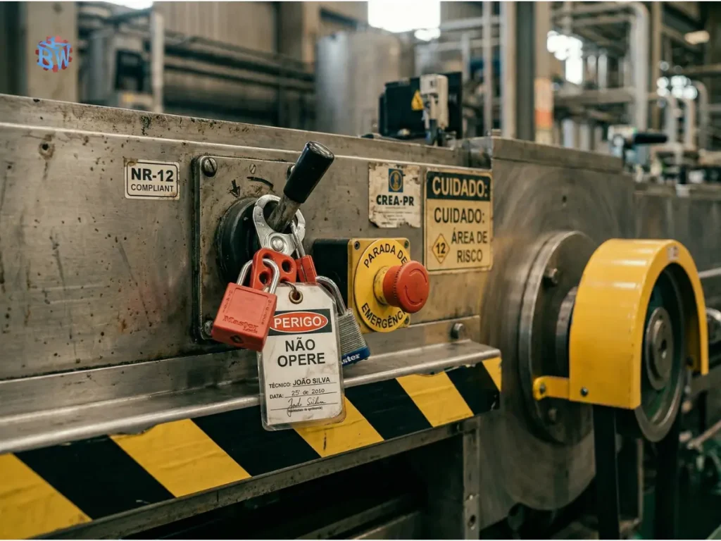 Detalhe de máquina industrial com proteções, sinalizações e dispositivos NR-12 verificados.