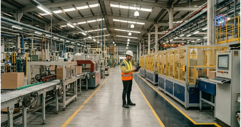 Linha de embalagem industrial com adequação à NR-12, mostrando proteções de segurança, cercamento e organização no chão de fábrica
