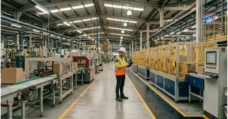 Linha de embalagem industrial com adequação à NR-12, mostrando proteções de segurança, cercamento e organização no chão de fábrica
