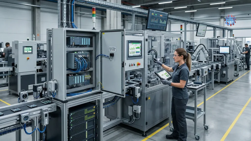 Automação Industrial: Como Aumentar Produtividade com Segurança 6 Máquinas e dispositivos conectados em rede industrial com integração de dados e controle na automação industrial