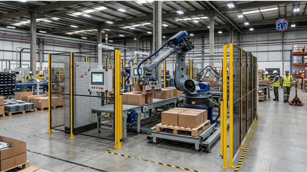 Automação Industrial: Como Aumentar Produtividade com Segurança 5 Braços robóticos em célula de produção automatizada realizando operações em ambiente de automação industrial