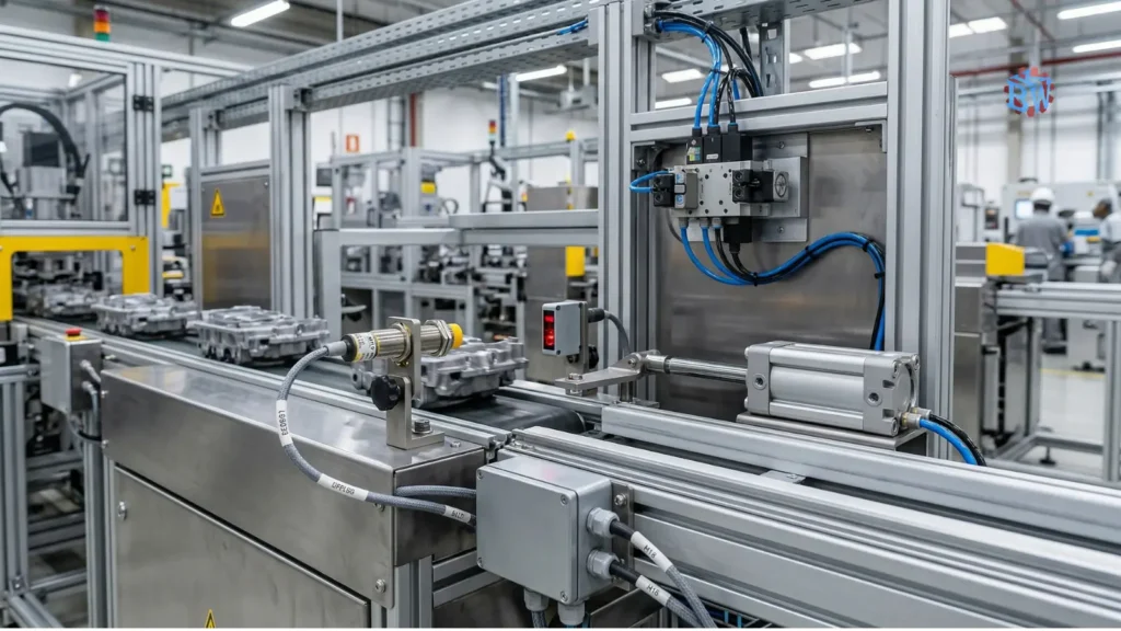 Automação Industrial: Como Aumentar Produtividade com Segurança 4 Sensores e atuadores instalados em máquina industrial para detecção e acionamento em processo de automação industrial