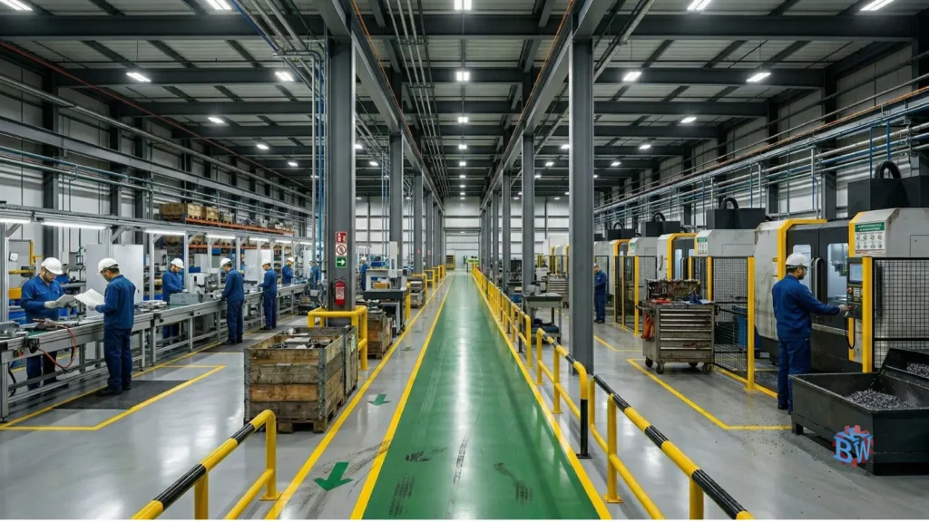 Arranjo físico industrial com adequação à NR-12, circulação segura, áreas organizadas e instalações planejadas no chão de fábrica