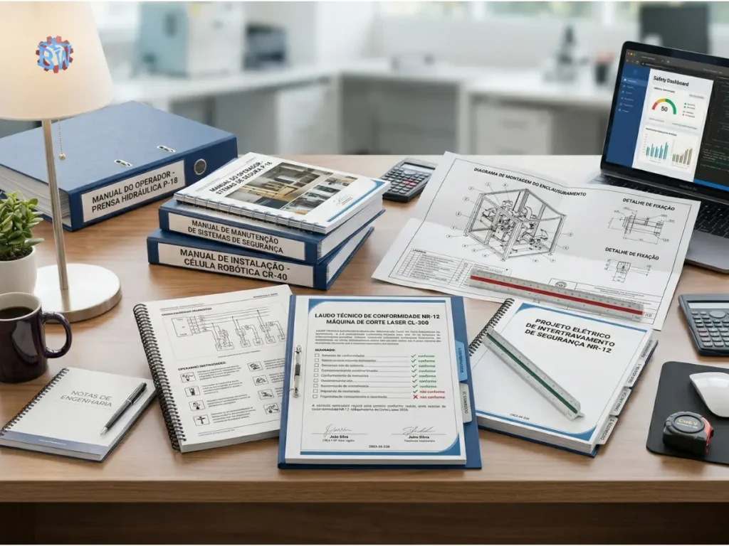 Pasta com documentos técnicos de conformidade NR-12 sobre mesa de escritório.