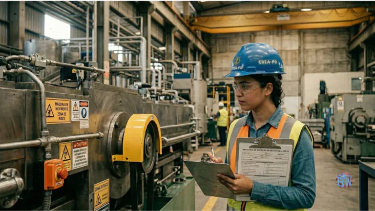 Engenheiro com prancheta verificando checklist NR-12 em maquina industrial