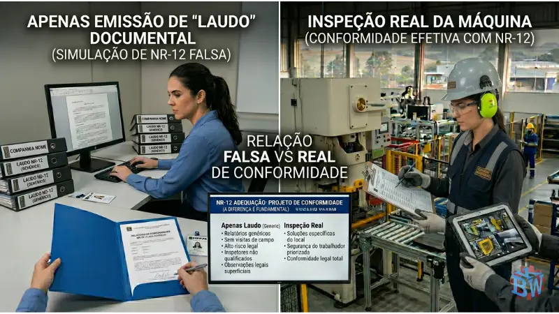 Como Escolher uma Empresa de Adequação NR-12: 7 Critérios Técnicos 2 laudo NR-12 real com visita técnica versus laudo sem inspeção