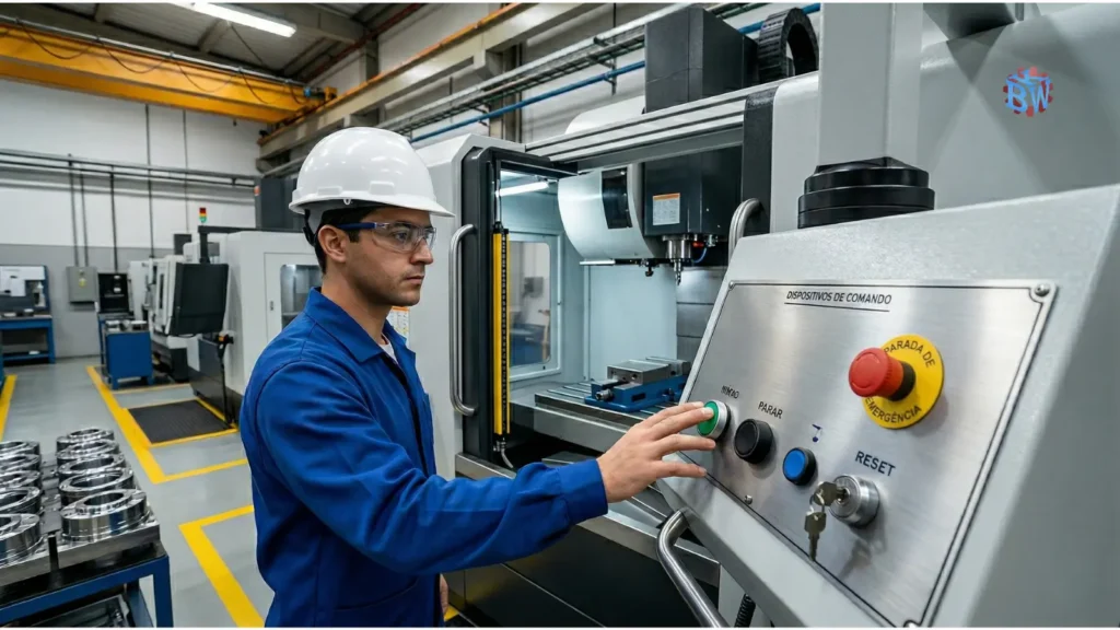 Dispositivos de partida, acionamento e parada em máquina industrial com foco em segurança operacional e adequação à NR-12