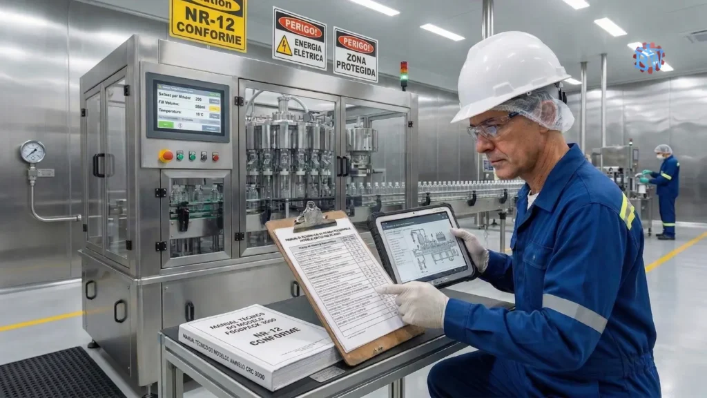 Documentação técnica de máquina industrial com foco em adequação à NR-12, análise de risco e registros de conformidade