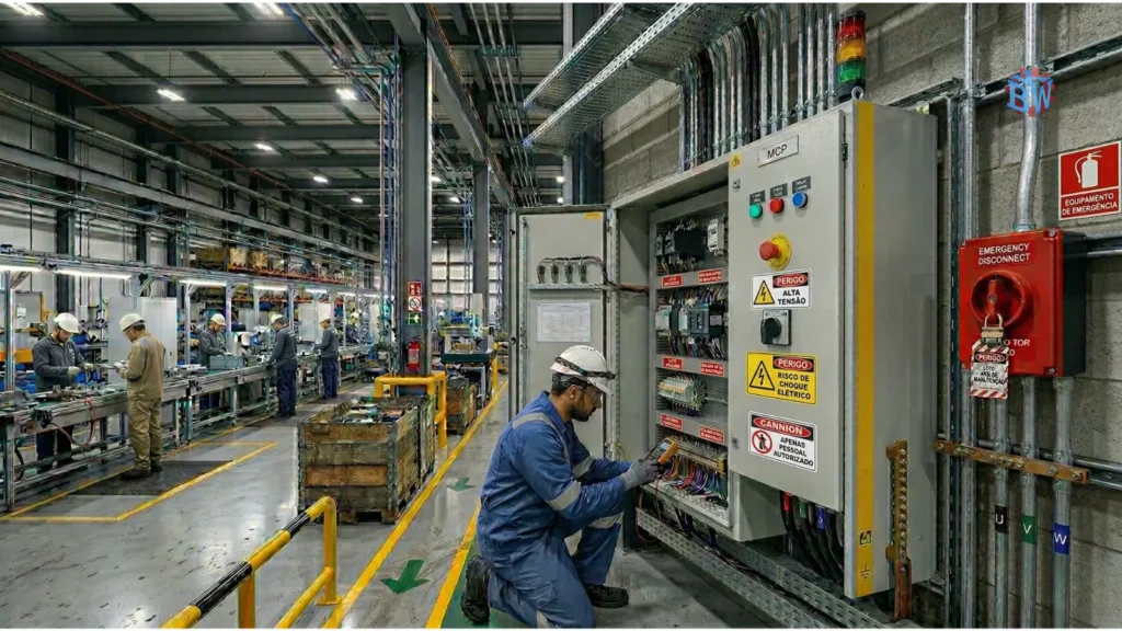 Instalações elétricas industriais com adequação à NR-12, painel elétrico organizado, cabeamento protegido e dispositivos de segurança