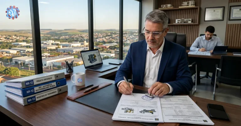 engenheiro assinando laudo técnico NR-12 com CREA — Bikows Engenharia