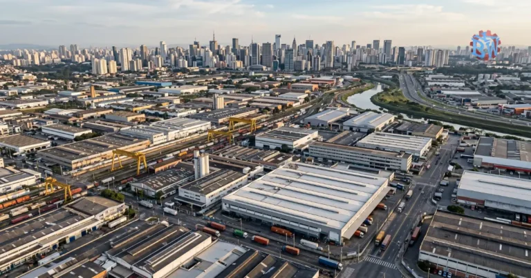 Vista aérea da região industrial do Grande São Paulo — fiscalização NR-12 em SP em 2026