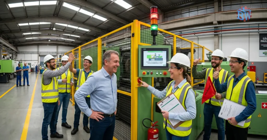 Engenheiro verificando conformidade NR-12 em fábrica de São Paulo.