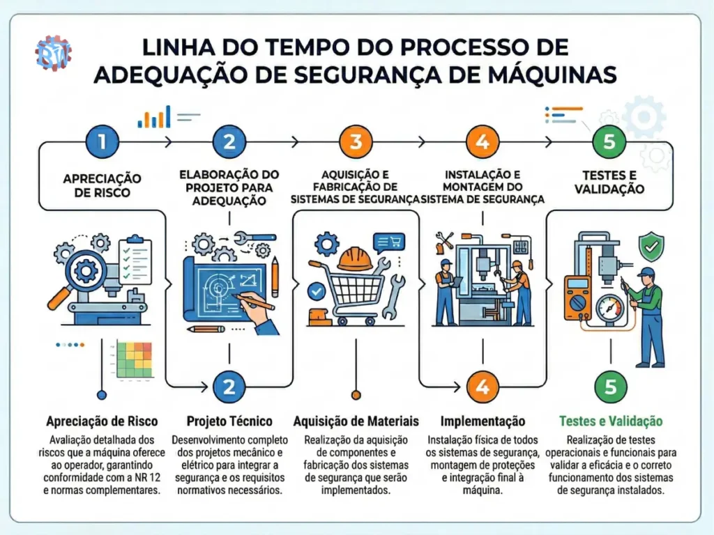 Infografico com as etapas e prazos do processo de adequacao a NR-12 para empresas de Curitiba