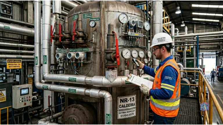 Caldeira industrial de grande porte com válvulas manômetros e inspeção técnica NR-13.