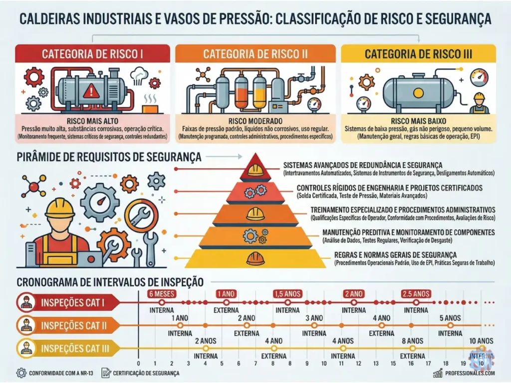 NR-13: Tudo Sobre Caldeiras, Vasos de Pressão e Tubulações 3 Infográfico com as 3 categorias de risco de caldeiras conforme NR-13 e seus requisitos.