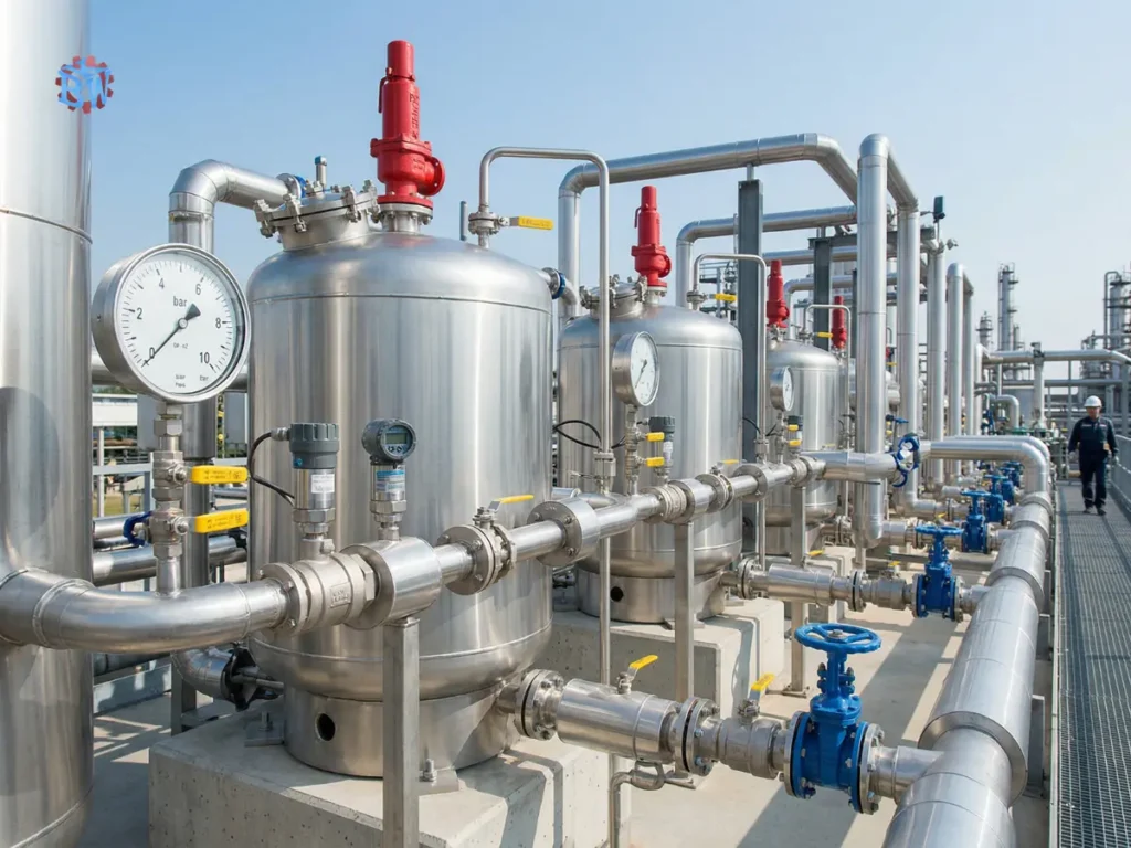 NR-13: Tudo Sobre Caldeiras, Vasos de Pressão e Tubulações 2 Vasos de pressão industriais com tubulações e instrumentação de controle.