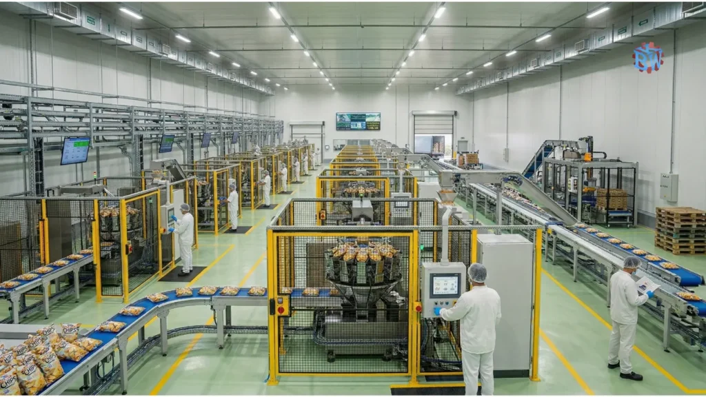Sistema de segurança em máquina industrial com proteções físicas, cercamento, sensores e adequação à NR-12