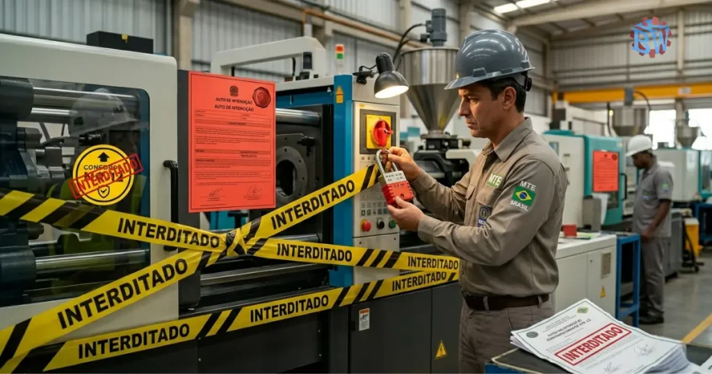 NR-12 | Multas e Penalidades por Descumprimento: Valores Atualizados 2026 4 Máquina industrial interditada por descumprimento da NR-12 com lacre de autuação
