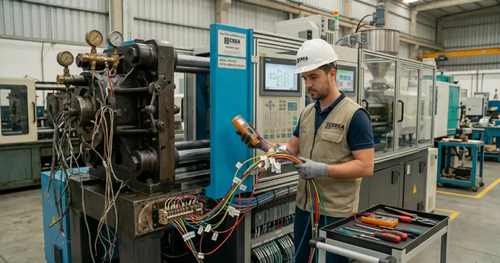 Técnico realizando retrofit em máquina industrial — modernização com novo painel CLP