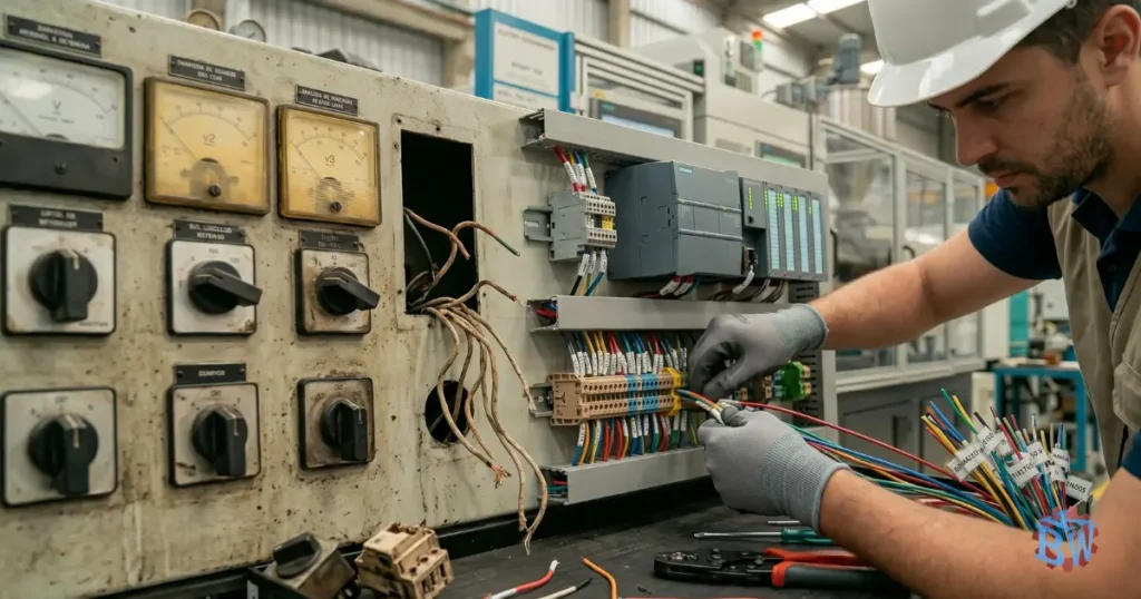 Instalação de painel de controle moderno em máquina antiga durante processo de retrofit industrial