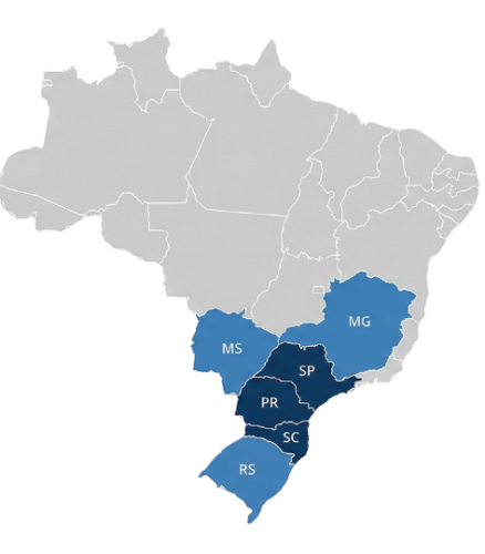 Mapa do Brasil com regiões industriais atendidas pela Bikows Engenharia nos estados Paraná, Santa Catarina, São Paulo, Minas Gerais, Rio Grande do Sul e Mato Grosso do Sul